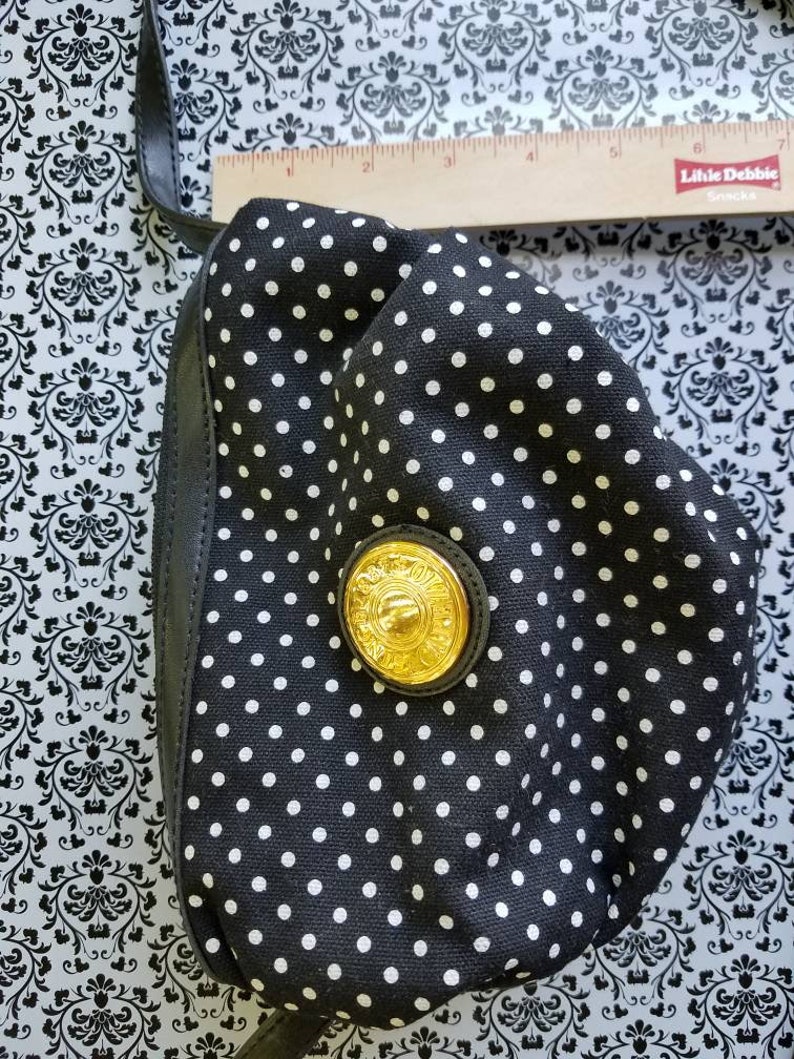 80s 90s Capezio Purse Gold Emblem Crossbody Satchel Black and White Polka Dot Print Small Puffy Canvas Handbag