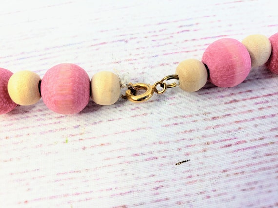Vintage Pink Dyed Wooden Beads Necklace, Muted Pi… - image 7