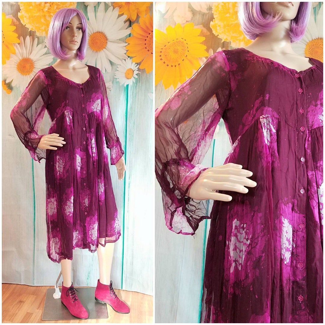 80s Magenta Wine Ethereal Dress Sheer Sleeves Buttons - Etsy