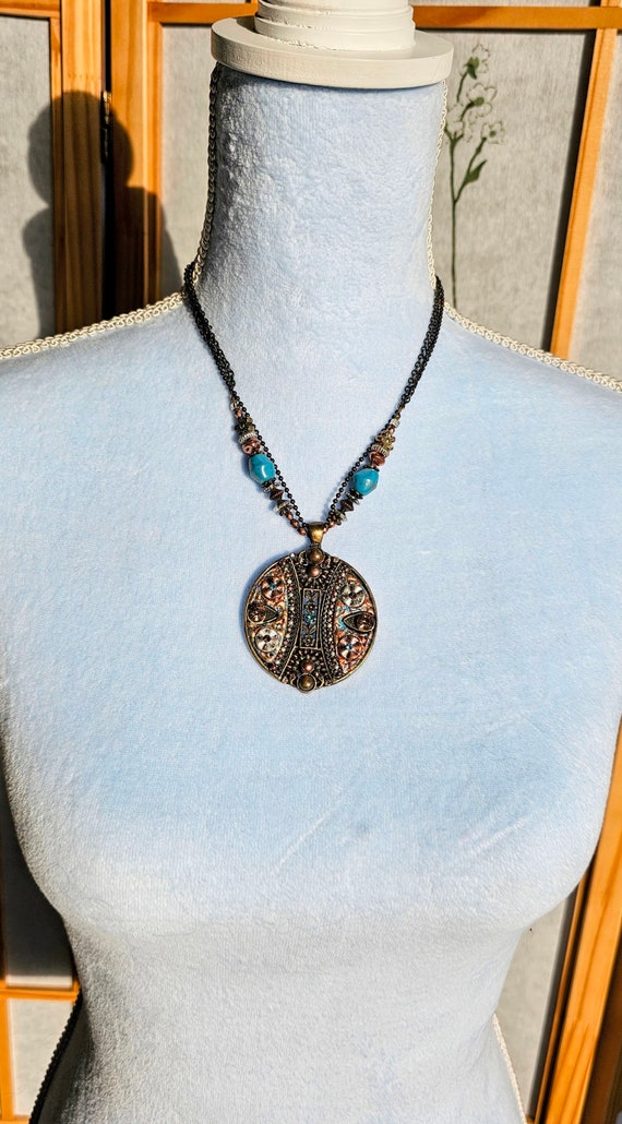 Vintage Brown Tone Medallion Necklace, Nepal Tibe… - image 3