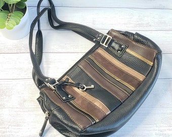 Fossil Patchwork Hand Bag, Genuine Leather Textured Black and Brown Tones Y2K Purse, Vintage Shoulder Bag, Multiple Compartments and Pockets