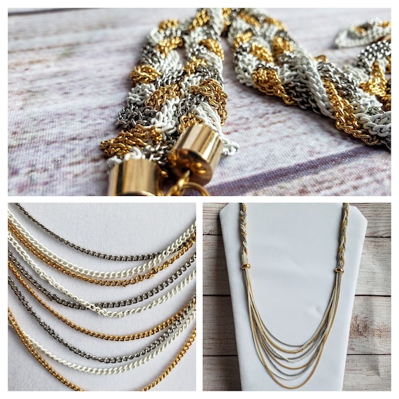 Vintage Necklace Elegant 80 s 90 s Braided Metal Chain 3 Tone
