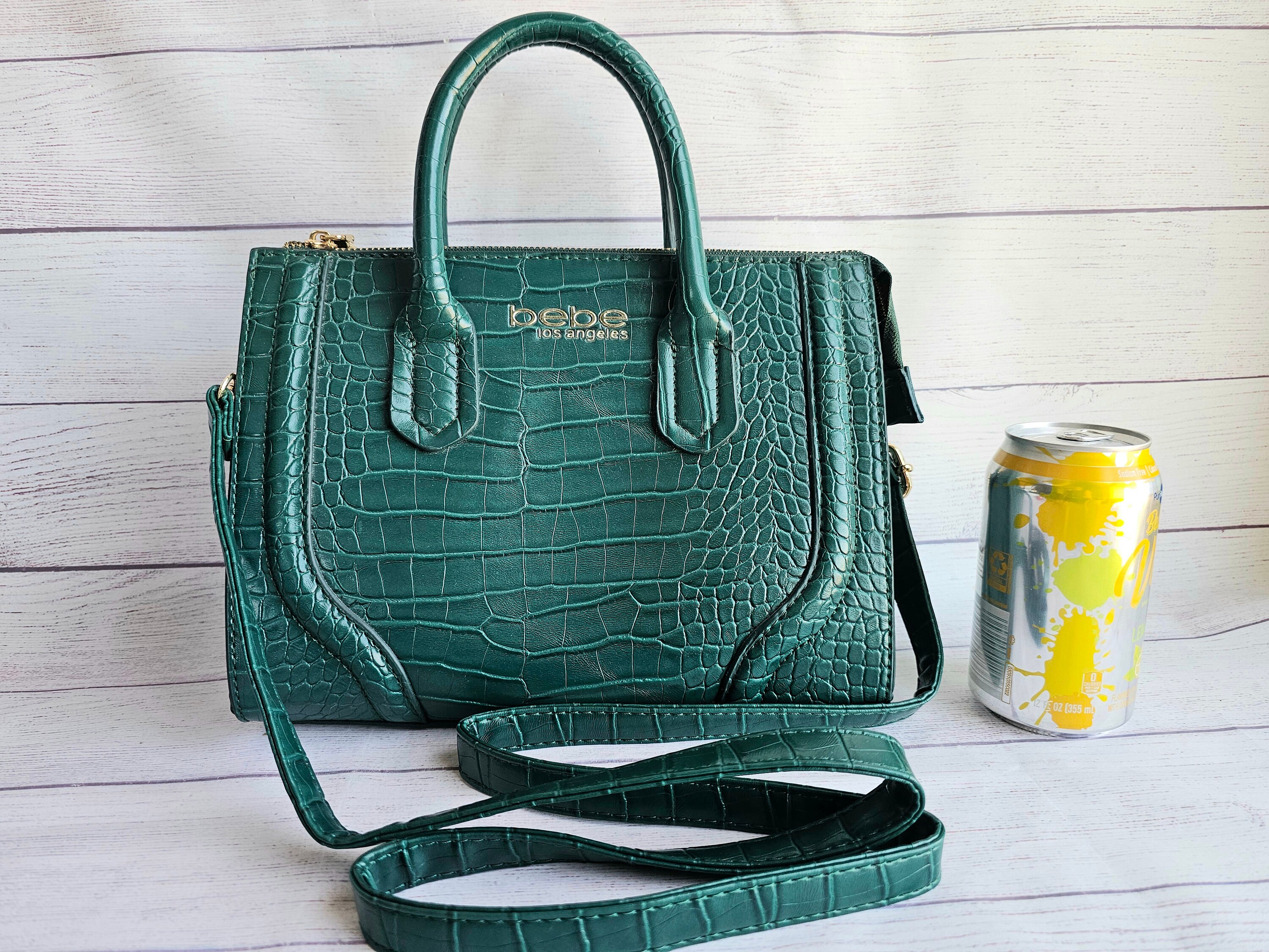 Y2K Green Bebe Los Angeles Purse Textured Croc Handbag with Adjustable Shoulder Strap Vintage Faux Leather Bag Unused