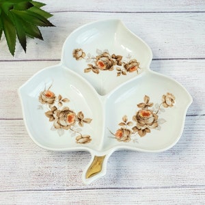 Vintage Leaf Shape Divided Dish, Thanksgiving Serving Dish, Brown Orange Floral Motif, Fall Decor, Cute Sectioned Ceramic Bowl, Lead Free