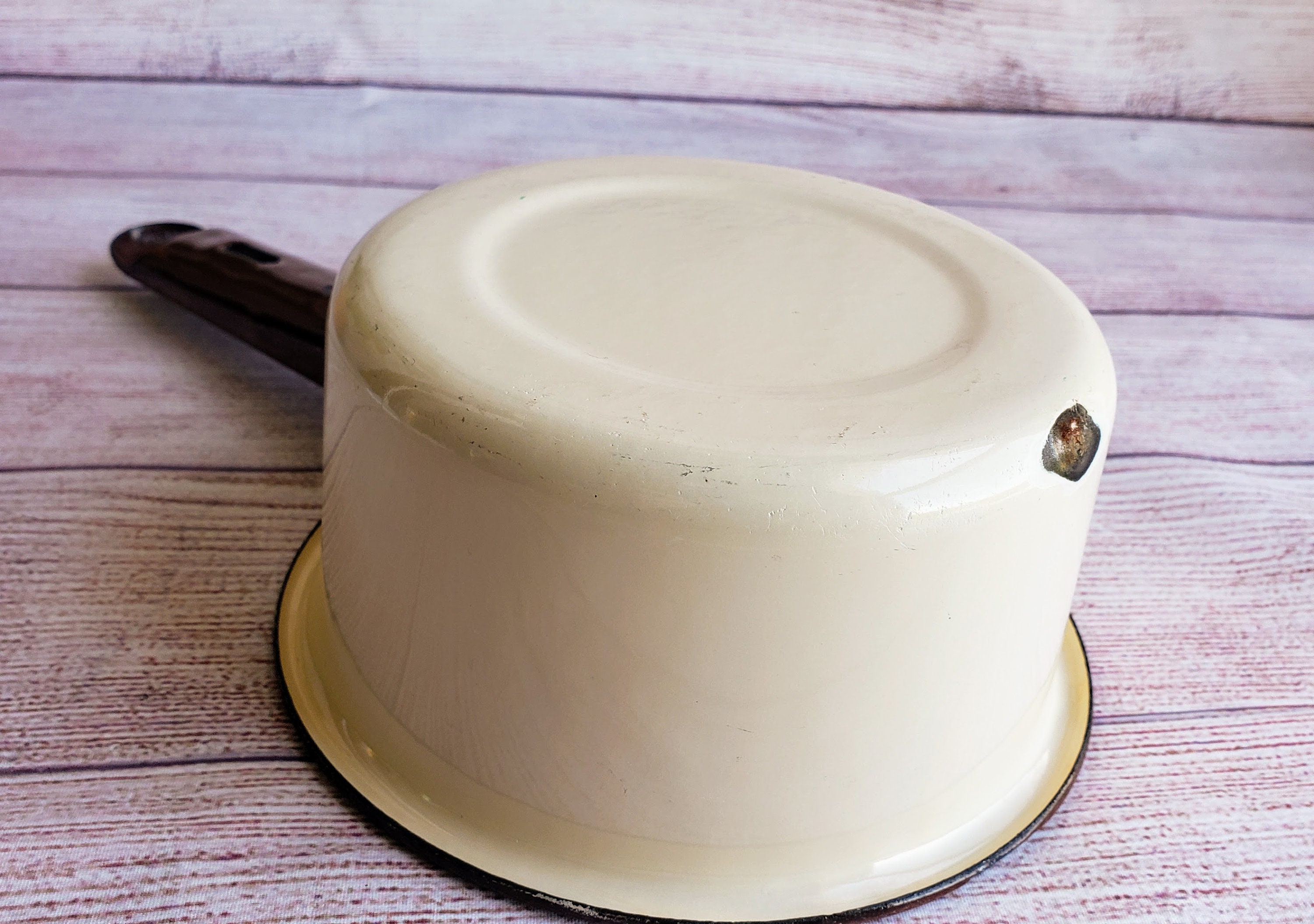 Small Vintage Enamel Saucepan Unused Beige Brown Enamel Pan Etsy