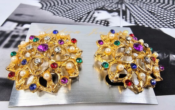 Vintage Gold Metal Earrings with colorful Rhinest… - image 1