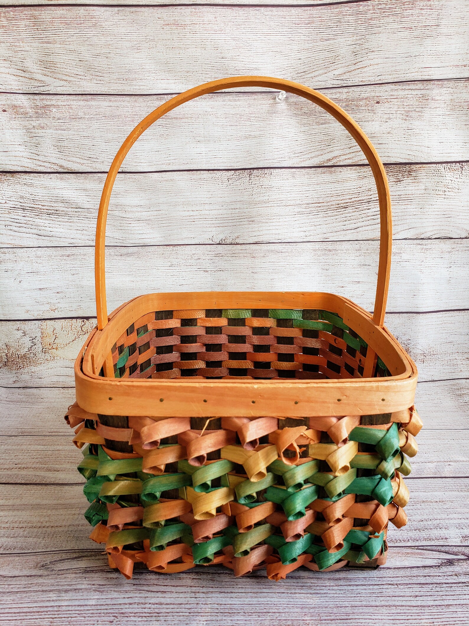 Unique Vintage Wicker Basket w/Handle Orange Green Brown Etsy