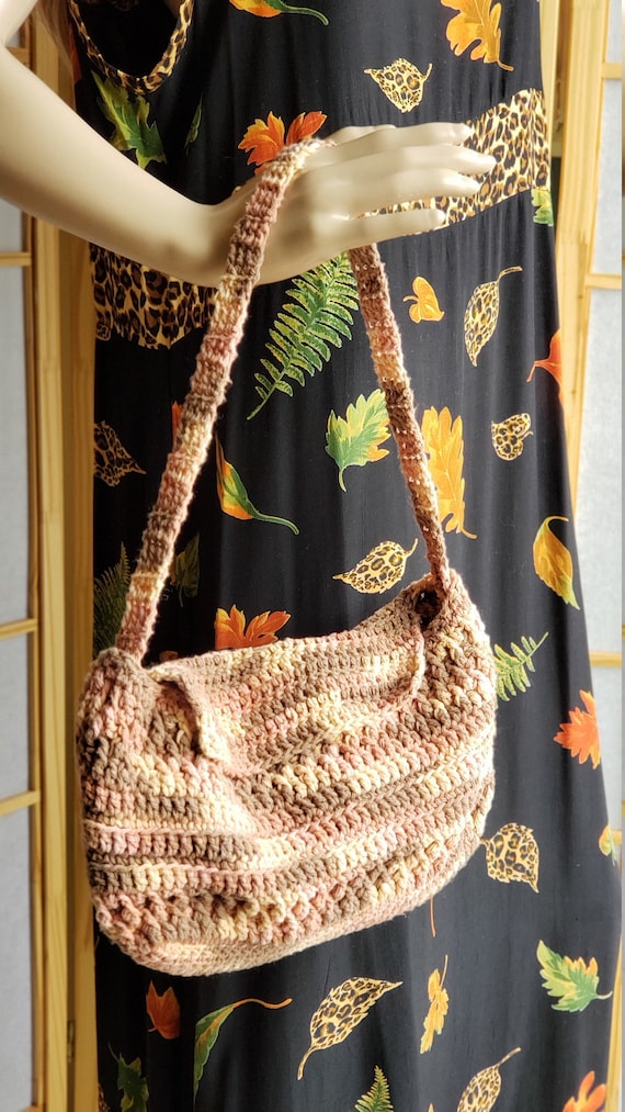 70s Style Boho Hand Crochet Handbag, Beige Brown T