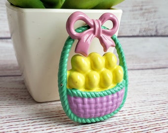 Vintage Enamel Easter Basket Brooch - Doubles as Necklace Pendant, Pastel Yellow, Pink Green Easter Egg Brooch New Old Stock