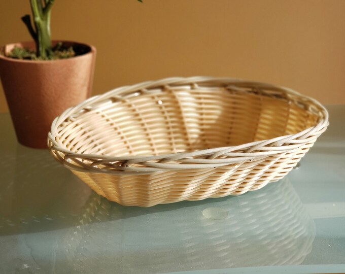 Small Oval Faux Wicker Basket, Two Tone Beige/ Gray Basket, Wicker