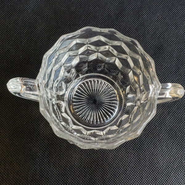 Vintage Cubist Clear Glass Sugar Bowl with Handles, Optical Illusion Unique Sugar bowl / Glass Planter Trinket Dish