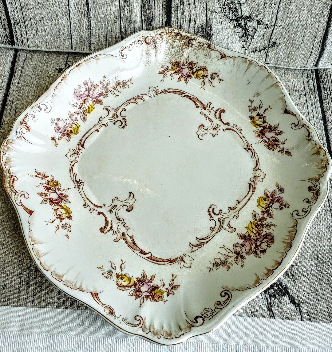 Antique Ceramic Square Plate, Ridgways England, Royal Semi Porcelainlorraine Pattern Brown