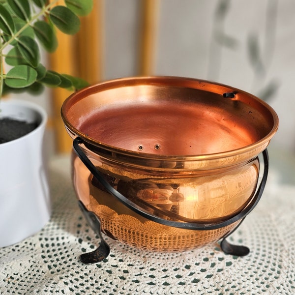 Vintage Copper Cauldron with Black Swing Handle and Feet, Copper Pot, Copper Metal Planter