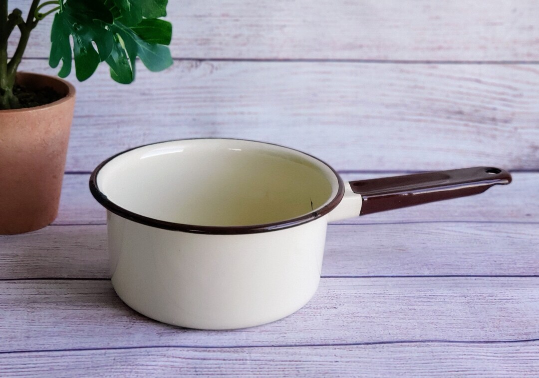 Small Vintage Enamel Saucepan, Unused Beige Brown Enamel Pan With Long