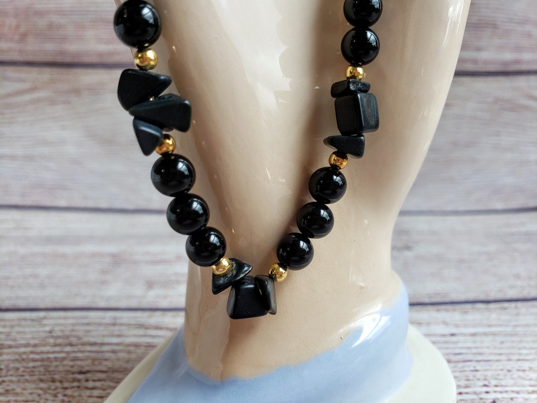 Vintage Black Stone & Glass Bead Necklace Mixed Shape Beads - Etsy