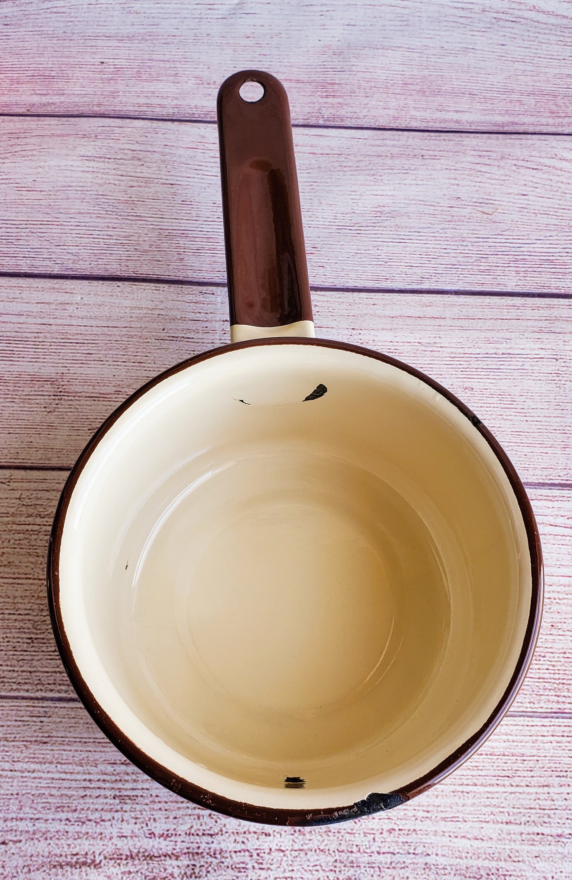 Small Vintage Enamel Saucepan Unused Beige Brown Enamel Pan Etsy