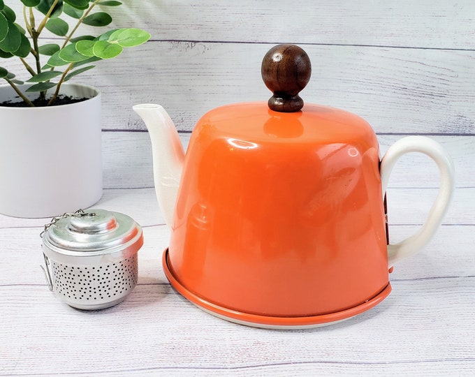 Retro White Ceramic Teapot With Orange Cozy Warmer and Aluminum Tea