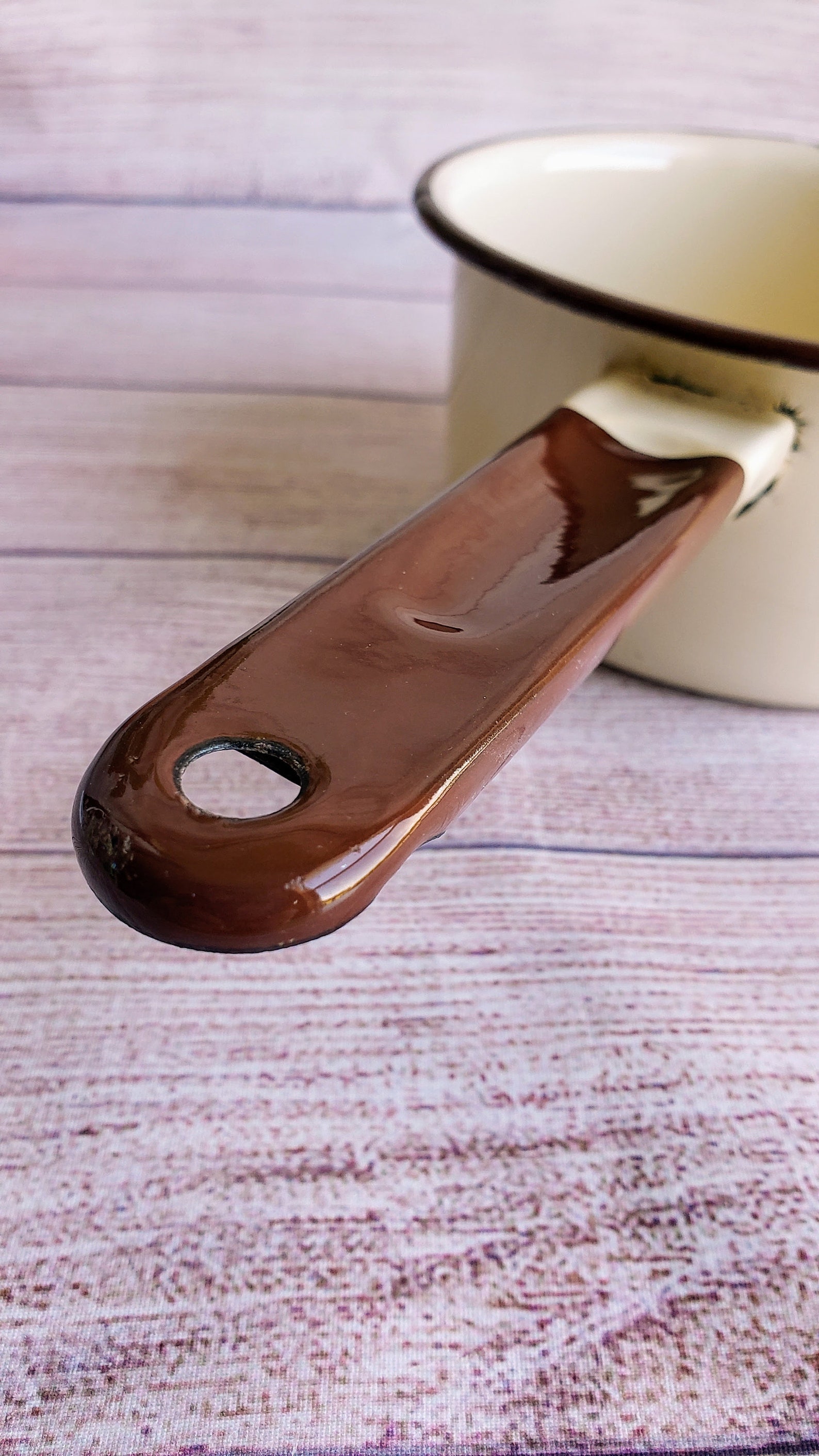 Small Vintage Enamel Saucepan Unused Beige Brown Enamel Pan Etsy