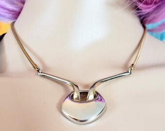 Vintage Silver Gold Artistry Pendant Necklace, Artful design, Retro Jewelry, Gift Boxed, Elegant Abstract Statement Necklace, Mod Jewelry