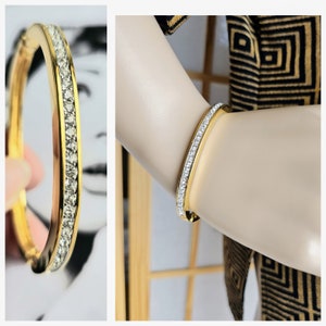 Vintage Swarovski Gold Plated Hinged Bangle Bracelet, Swan Signed, Dazzling Crystal Jewelry, Elegant Clear Crystal Stones Bracelet