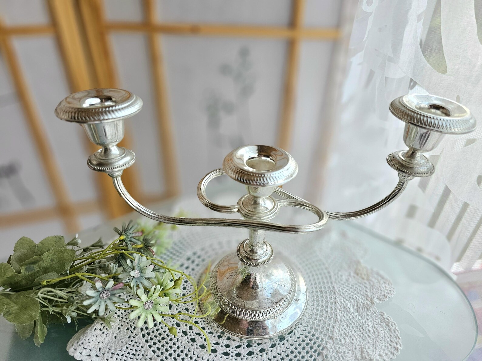 Vintage Three Arm Candelabra, Silver Plated, Eclectic Twisted Arms, Elegant Gadroon Trim Candleholder, Festive Table Centerpiece