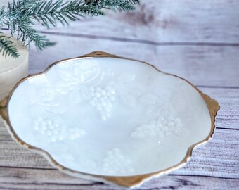 Vintage Anchor Hocking Gold Rim Milk Glass Fruit embossed Bowl, 10" across, Vintage Milkglass, Festive Retro Holiday Serving Dish