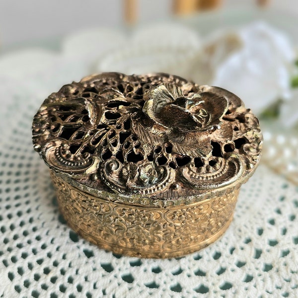 Vintage Ornate Gold Tone Metal Jewelry Box, Small Oval Stylebuilt Decorative Lidded Trinket Box, Rococo Filigree Ormolu Potpourri Box