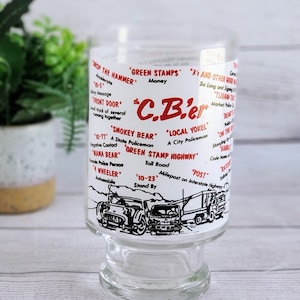 Vintage C.B.&#39;er Cocktail Mixing Glass, Big Glass with CB Trucker Handlles, Retro Barware, Man Cave Decor, Gift for Trucker, Big Retro Glass