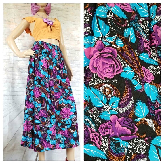 80s Vintage Floral Boho Skirt W/ Elastic Waist and Hip - Etsy