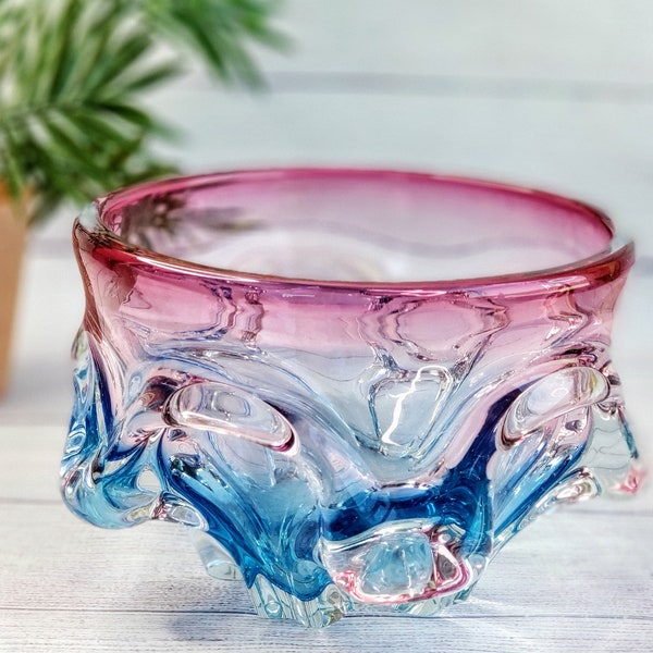 Vintage Abstract Art Glass Bowl, Chřibská Mid Century Czech Pink Blue Glass Bowl, Josef Hospodka Style,Mid Century Art Glass, RARE
