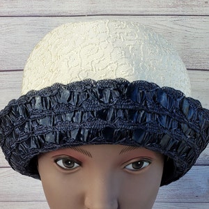 Vintage Hat, White Textured Fabric with Navy Blue Straw Brim, USA Union Made, DonnyBrooks New York, Nautical Style, Mid Century Ladies Hat
