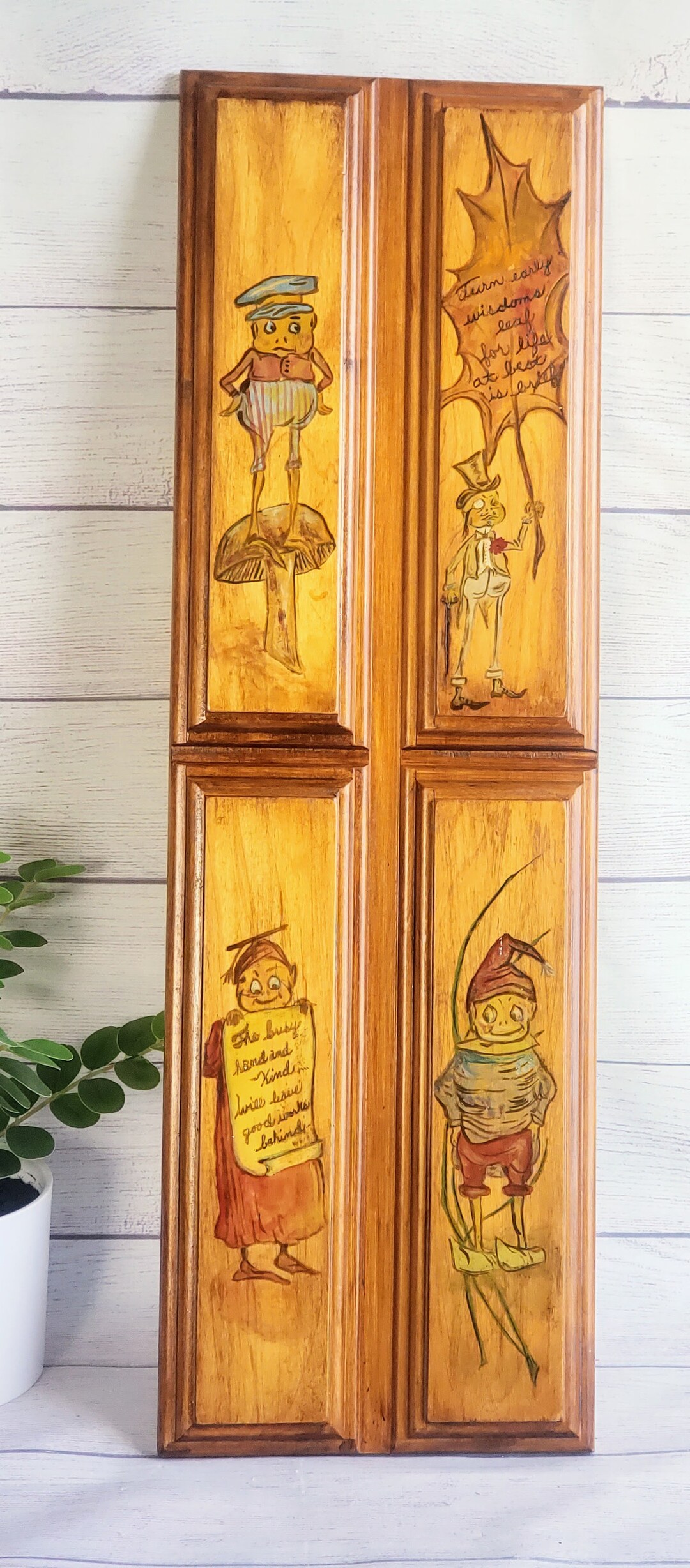 Unique Whimsical Wood Panel, Handmade Pyrography Folk Art, Mushroom Elf ...