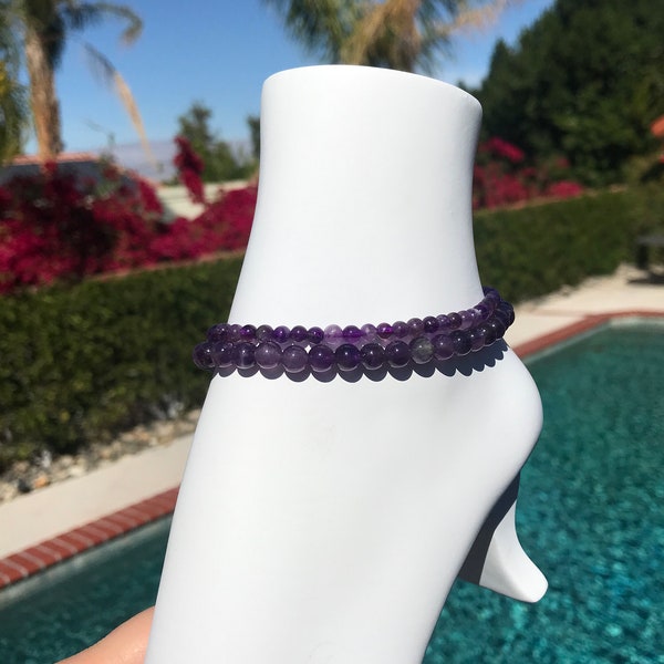 Amethyst anklet - 9 inches, 4mm or 6mm beads, healing jewelry - peace, happiness and love