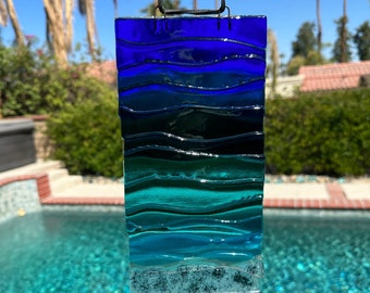 Fused glass ocean sun catcher or wall hanging - 5x10 inches