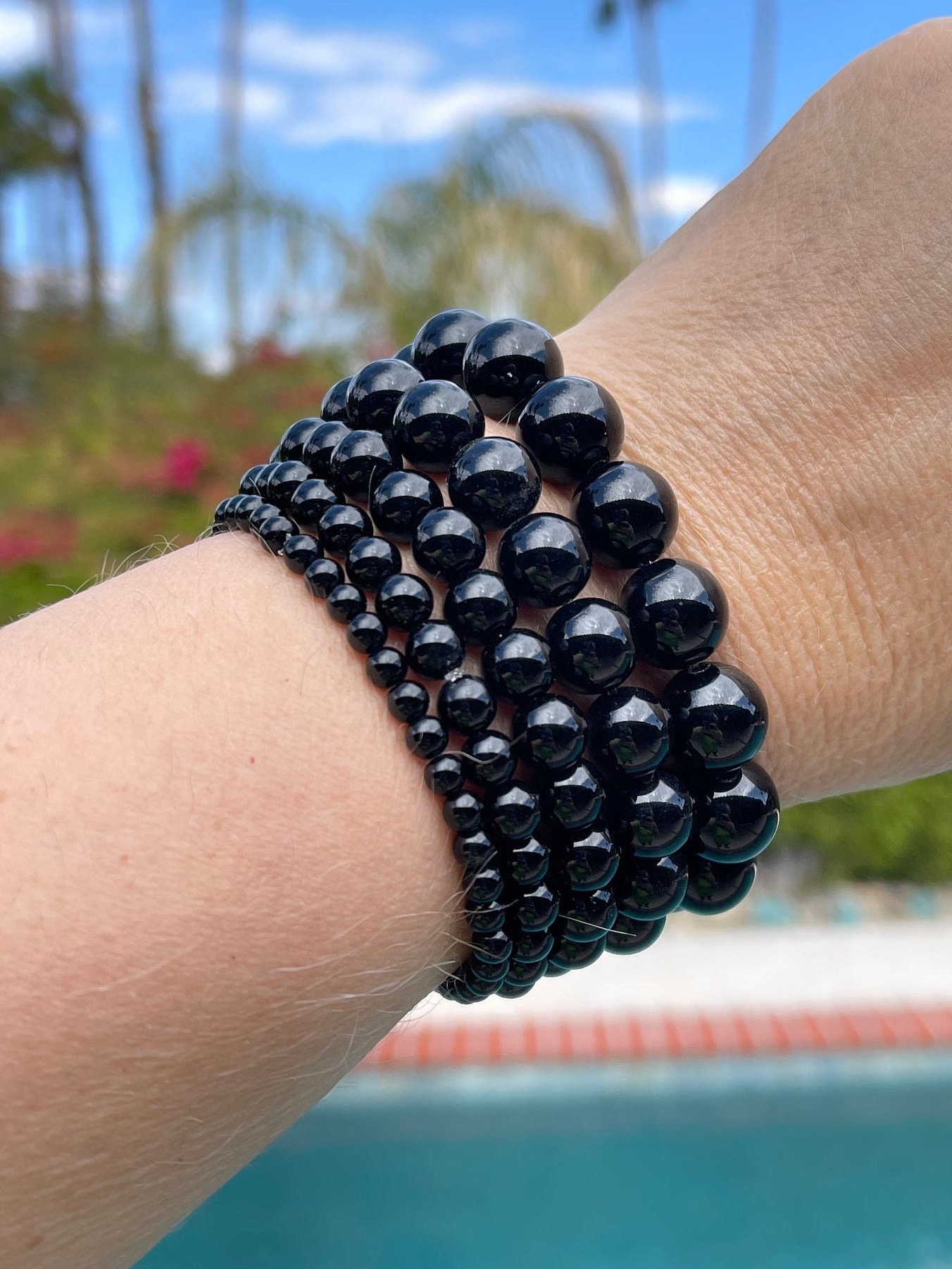 Black Agate 4mm 6mm 8mm 10mm or 12mm Beaded Intention Bracelet