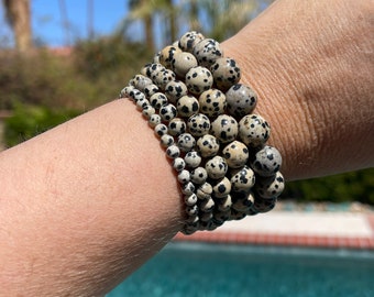 Pulsera de cuentas de jaspe dálmata de 4 mm, 6 mm, 8 mm, 10 mm o 12 mm: diversión, equilibrio, superación de pesadillas y pensamientos negativos.