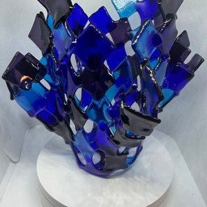Fused glass candle holder - blue, teal, amethyst - 7x7.5x7.5 inches