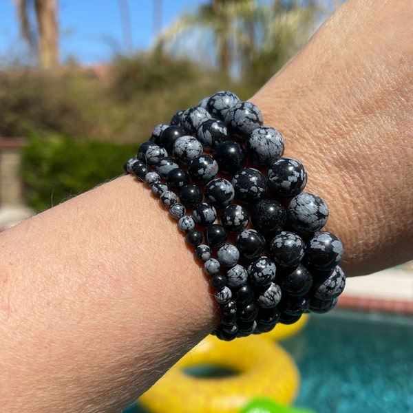 Snowflake Obsidian 4mm, 6mm, 8mm, 10mm or 12mm beaded intention bracelet, healing jewelry - grounding, peace, cleansing, balance