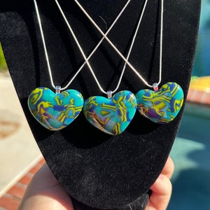 blue/green heart pendant, fused glass with sterling silver chain