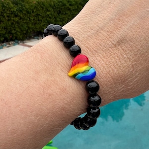 Rainbow heart with Black Tourmaline (8mm) beaded bracelet - protection, cleanses and purifies energy