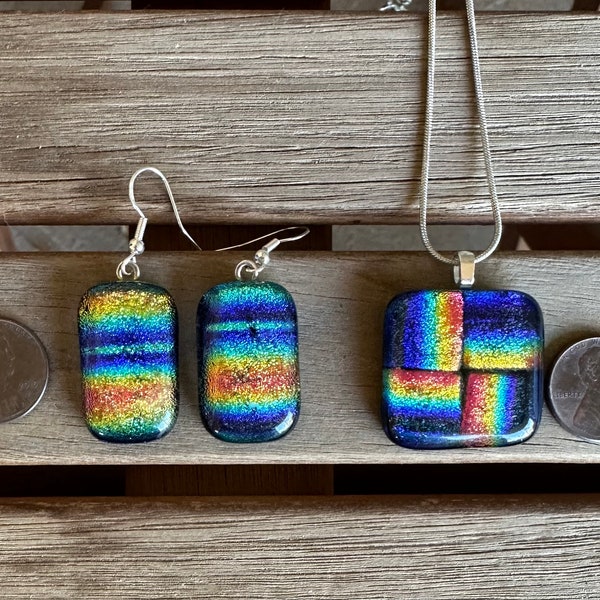 fused dichroic glass pendant and/or earrings - sterling silver hooks - comes with choice of length for sterling silver chain