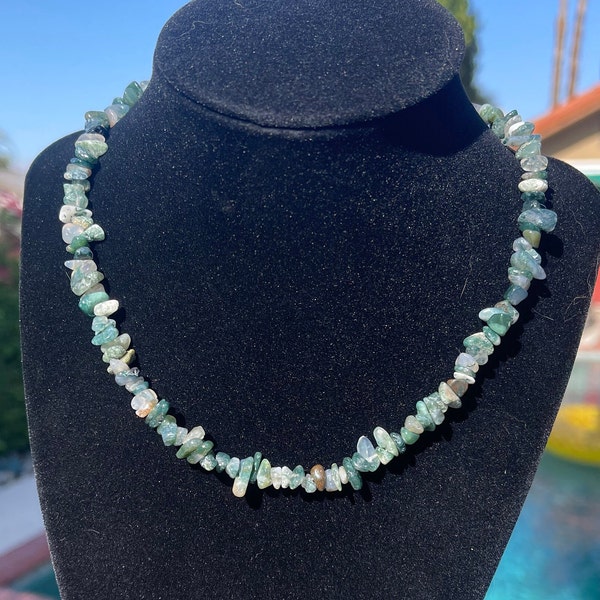 Moss Agate Necklace - 16 inches with chip beads - balance two sides of brain, enhance creativity, moving forward with life