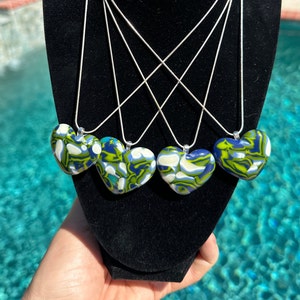Blue, green and white heart pendant, fused glass with sterling silver chain