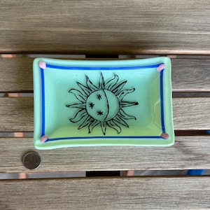 fused glass plate with hand painted sun and moon - 4x6x.75 inches