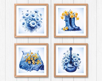 4 carteles de flores: paquete de carteles de flores de mezclilla azul para tu ambiente floral en casa