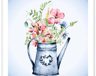 Póster de flores cuadrado con borde blanco con marco de acuarela.