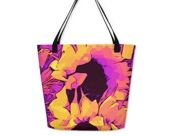 Bolso grande de tela floral para ir de compras o a la playa con girasoles de colores