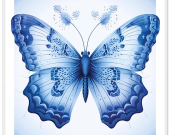Póster cuadrado de mariposa azul con borde blanco y marco de fotos.