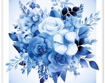 Póster enmarcado con diseño floral - Cuadrado decorativo en estilo denim azul - Marco de fotos hecho a mano