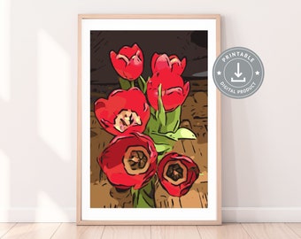 Cartel de ramo de tulipanes rojos con aspecto de estampado de madera Popart de Punchy-Flowers decoración floral de pared con borde blanco, decoración del hogar / producto digital